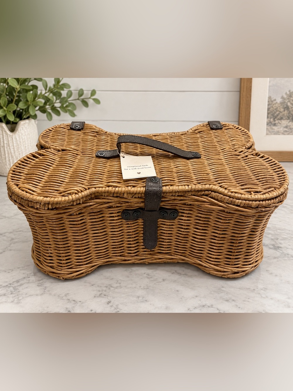 Pottery Barn 19” Woven Rattan Dog Bone Basket With Leather Handle NEW W/ TAGS